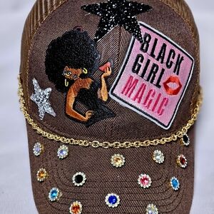 🚫SOLD🚫 Black Girl Magic Bling Trucker Hat | Rhinestone & Chain Detail | Brown